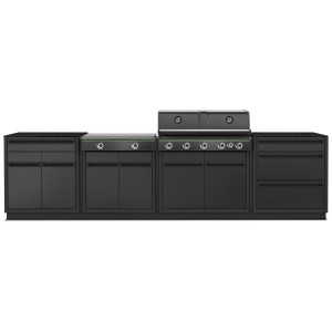 Cucina da esterno Outdoorchef Heat X-415/245 HPL Granito, montata. Combinazione grill a gas nera con piani di lavoro.