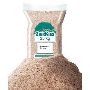 Sack mit braunem Mauersand (0-2 mm) von Zierkies, 25 kg, geeignet zum Anmischen von Mörtel.