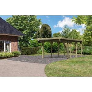 Karibu Einzelcarport Classic aus Holz, kesseldruckimprägniert, 274x588 cm im Garten.