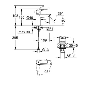 Disegno tecnico: Miscelatore lavabo Grohe Start S-Size con dimensioni.