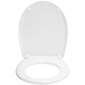 Abattant WC blanc en Duroplast avec fermeture ralentie, couvercle ouvert.