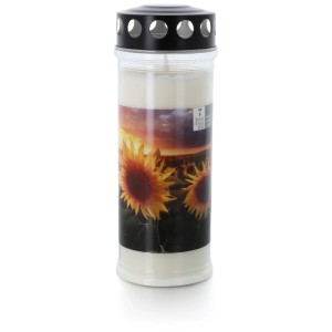 Candela votiva Balthasar con girasoli, paraffina, durata circa 7 giorni.