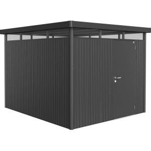 Casetta da giardino Biohort HighLine, grigio scuro metallizzato, con porta singola. Casetta in metallo per giardino.