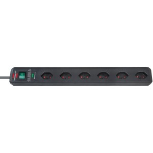 Multiprise noire Eco-Line avec protection contre les surtensions, 6 prises et interrupteur lumineux.