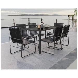 Set da giardino nero 7 pezzi con tavolo e sedie con braccioli.