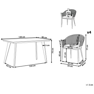 Schéma : Ensemble de meubles de jardin Beliani Mileto avec table et 4 chaises, dimensions et détails.