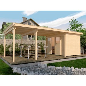 Weka casetta con porta scorrevole 225 B con estensione, casetta da giardino in legno naturale con tetto a falda e doppia porta scorrevole.