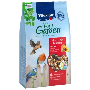 Vitakraft VitaGarden Premium Classic-Mix cibo per uccelli selvatici, confezione da 1 kg con uccelli da giardino.