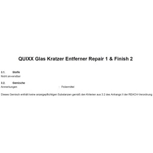 Quixx Supprime-rayures pour verre : Informations textuelles sur les ingrédients et l'application.
