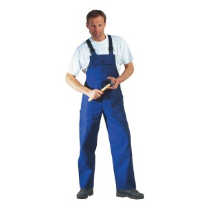 Salopette blu scuro taglia 48 in cotone con tasca per metro da lavoro.