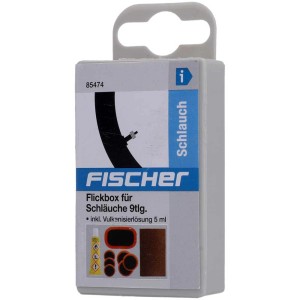 Kit riparazione forature Fischer per camere d'aria bici, set da 9 pezzi con toppe e mastice.