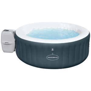 Spa gonflable Bestway AirJet Venice Beach, gris foncé, avec eau bouillonnante et unité de commande.