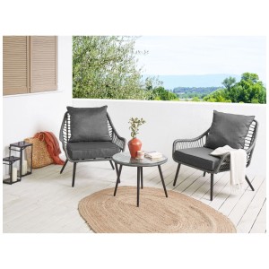 Set bistro Beliani Laureto in polyrattan grigio, 3 pezzi con tavolo e sedie per balcone.