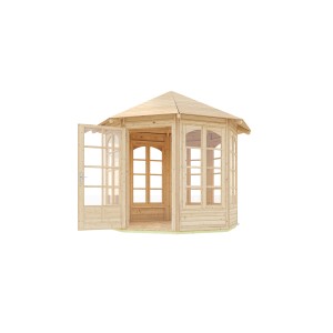 Gazebo ottagonale Weka 234 B Naturale con finestre a griglia e doppia porta aperta.