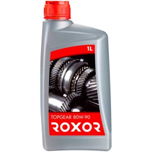 Bouteille grise 1L d'huile de transmission universelle Roxor Topgear 80W-90 avec bouchon rouge.