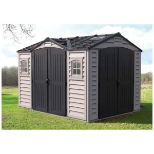 Casetta da giardino in plastica Duramax grigia (3,3x2,5m) con doppia porta e finestre. Ideale per riporre gli attrezzi da giardino.