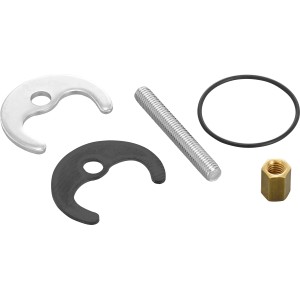 Set di fissaggio per rubinetti con vite, dadi, rondelle e anello di tenuta.