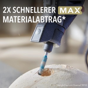 Fresa per sgrossatura Dremel Max 9952 durante la lavorazione del legno. Accessorio per utensili miniaturizzati.