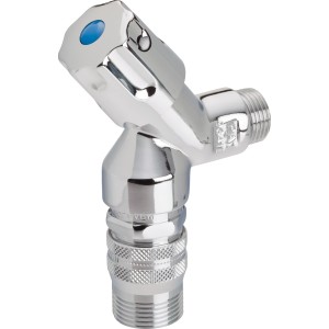 Robinet de machine à laver coudé avec raccord de tuyau en laiton chromé.