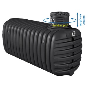 Cuve enterrée Promo noire 4100 L avec rehausse de puits, arbre à dôme rotatif et trous de raccordement.