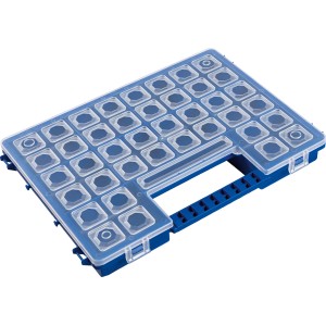 Blauer LUX Sortierkasten mit transparentem Deckel und 11 Fächern.
