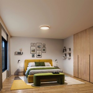 Plafonnier LED rond Philips Stylique aspect bois, 38 cm, lumière blanc chaud dans une chambre moderne.
