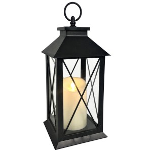 Schwarze LED-Laterne mit LED-Kerze, 32x14x14 cm, warmweißes Licht für stimmungsvolle Beleuchtung.
