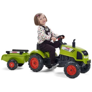 Falk Claas Trattore con Rimorchio Gr. M: Bambino su trattore a pedali verde con rimorchio rosso.