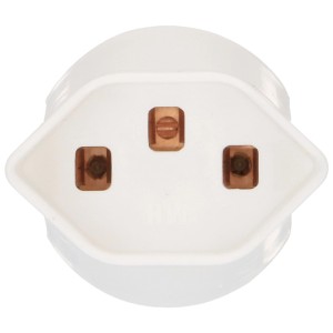 Weißer Übergangsstecker für Schweizer Stecker auf Schutzkontakt, 3-polig.