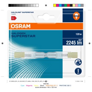Lampada alogena Osram R7S 120W, bianco caldo, dimmerabile, lunghezza 118mm.