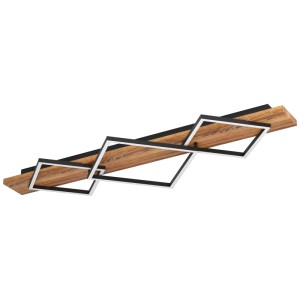 Plafonnier LED moderne Boyal avec éléments en bois et en acier en marron et noir. Design angulaire avec trois cadres lumineux.