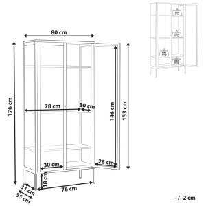 Schéma de la vitrine en acier noir Beliani Harty avec dimensions 176x80x35 cm.