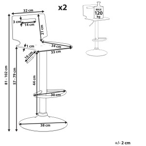 Schéma du tabouret pivotant Malta Transparent lot de 2 pièces avec dimensions.