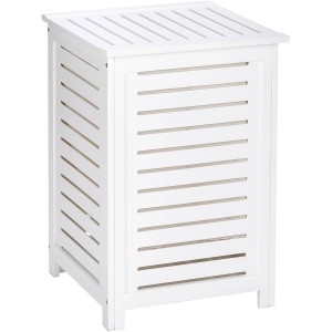 Cesto portabiancheria Wenko Oslo in legno massello, bianco, con design a listelli e coperchio.