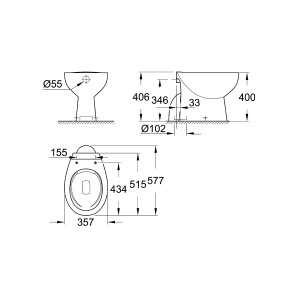 Disegno tecnico Grohe Bau WC a terra, scarico verticale, dimensioni e dettagli.