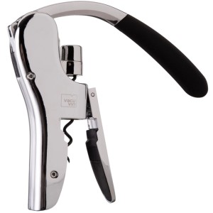 Tire-bouchon à levier vertical Vacu Vin en acier inoxydable avec manche noir. Ustensile de cuisine pour ouvrir facilement les bouteilles de vin.