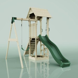 Torre gioco PolarPlay Göteborg in legno con altalena e scivolo verde.