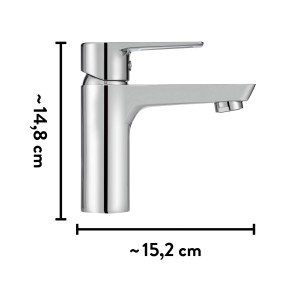 Mitigeur de lavabo baliv WT-580 chromé avec bonde à clapet et dimensions.