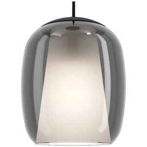 Moderna lampada a sospensione Eglo Ciampino, 5 luci, acciaio nero, con paralume in vetro grigio.