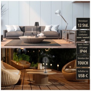 Lampada da tavolo LED AddLiving nera, dimmerabile, 3 colori luce, batteria (12h) per interni ed esterni, USB-C.