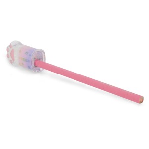 Rosa-lila Katzenpfoten-Anspitzer mit Behälter, schärft Bleistift. Transparentes Glitzer-Gehäuse für Bürobedarf.