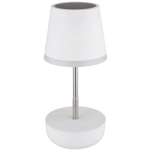 Mattweisse LED-Solartischleuchte von Globo, höhenverstellbar (13-25cm), ideal für den Aussenbereich.