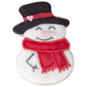 Präge-Ausstecher Schneemann: Dekorierter Keks mit schwarzem Hut, rotem Schal, rosa Nase. Ideal für Weihnachtsbäckerei.