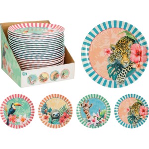 Assiette plate en mélamine Ø 20cm avec motifs animaux (girafe, toucan, paresseux, léopard), 1 pièce