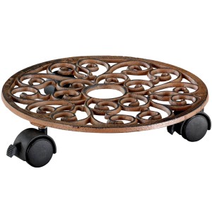 Rotelle per piante in ghisa anticata, Ø 29 cm, con ruote e motivo ornamentale.