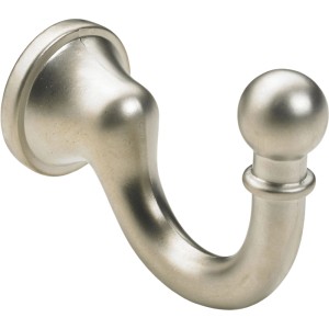 Eleganter Hettich Mantelhaken aus matt vernickeltem Zinkdruckguss mit geschwungener Form und Kugelspitze.
