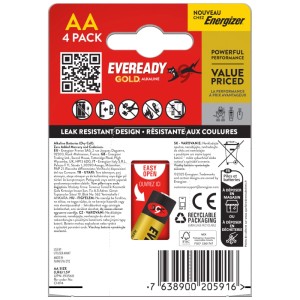 Batterie Energizer Eveready Gold AA, confezione da 4, ideali per dispositivi come giocattoli e telecomandi.
