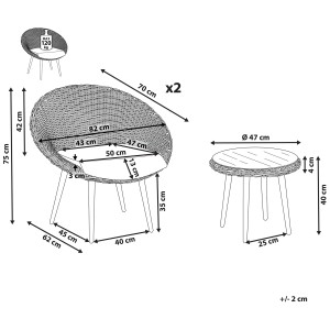Schizzo del set bistro Ortigia: 2 sedie, 1 tavolo con dimensioni. Ideale per balcone/giardino.