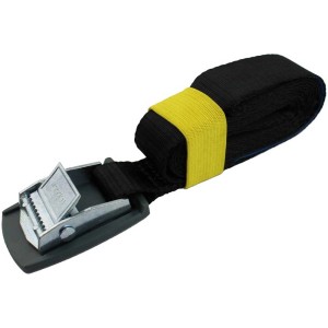 Sangle d'arrimage noire, 2 m de long, 2,5 cm de large, avec verrou à pince pour charges jusqu'à 200 kg.
