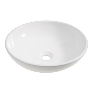 Vasque à poser ronde blanche en céramique (Ø 42 cm) sans trou de robinetterie.